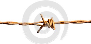 close-up rusty barb wire on white background