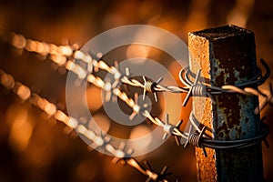 Close-up of rusty barbed wire fence with orange light