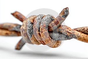 Close-up of rusty barbed wire showing corrosion, isolated on a white background