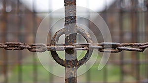 A close up of a rusty chain and bar on an old fence, AI