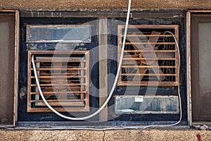 Close up of rusty dirty metal ventilation fan of old air conditioning system