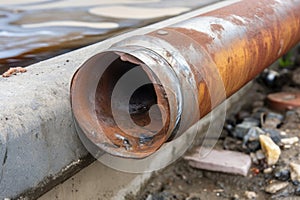 close-up of rusty downpipe being replaced with new galvanized steel pipe