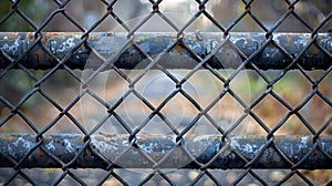 A close up of a rusty fence with some trees in the background, AI