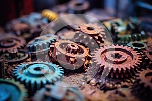 close-up of rusty gears and cogs in abandoned factory