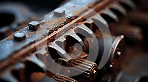 A close up of a rusty machine with many gears, AI