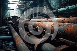 close-up of rusty metal pipes and machinery in abandoned factory