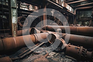 close-up of rusty metal pipes and machinery in abandoned factory