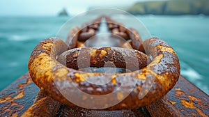 A close up of a rusty metal railing on the ocean, AI