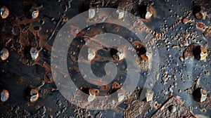 A close up of a rusty metal surface with rivets and screws, AI