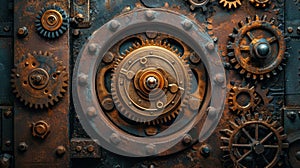 A close up of a rusty old clock with gears and wheels, AI