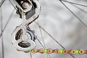 close up rusty old metal rear derailleur on rear wheel of vintage bicycle shutterstock photo