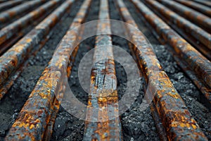 A close up of rusty steel rails