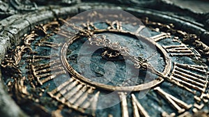 Close-up of rusty vintage clock with weathered hands and textured surface, symbolizing passing time