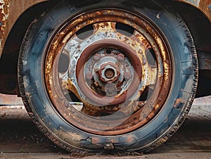 A close up of a rusty wheel on a car
