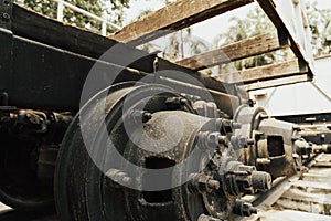 Close up of the rusty wheel train on the railway track