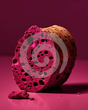 A close up of rutted magenta cork with its pitted and pitted surface. Trendy color of 2023 Viva Magenta.. AI generation