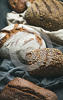 Close-up of Rye, wheat and multigrain rustic bread loaves
