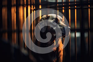 Close-Up Of A Sad Dog In A Shelter Cage. Generative AI