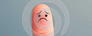 Close-up of a sad face drawn on a fingertip photo