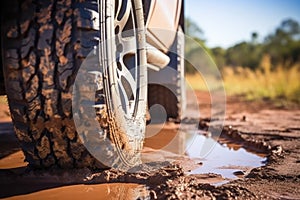 close-up of safari vehicles mud-treaded tire