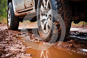 close-up of safari vehicles mud-treaded tire