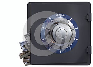 Close up of a safe lock and cash concept of solution and success