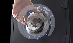 Close up of a safe lock and woman hand concept of solution and success in business