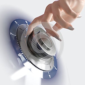 Close up of a safe lock and woman hand image for security and business