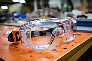 close-up of safety goggles on a workshop table