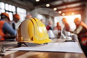 Close up of safety helmet on table with group of construction workers meeting in background