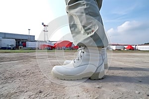 Close up safety shoes men use for protection accident in factory. Neural network AI generated