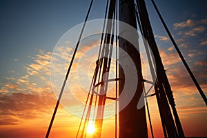 close-up of sailboat mast with setting sun in the background