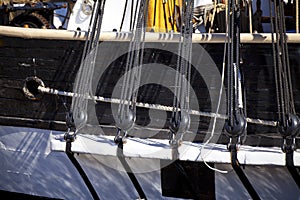 Close up of a sailboat ropes and rigging