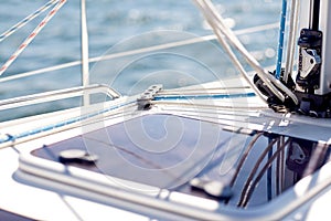 Close up of sailboat or yacht hatch sailing in sea