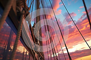 a close-up of a sailboats rigging with the colorful sunset sky behind