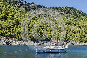 Close-up of sailing boat in the bay of assos in kefalonia