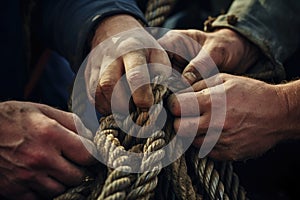 close-up of sailors hands tying a knot on the ships rope