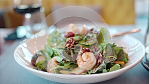 Close-up of a salad with shrimp and gree