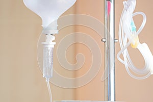 Close up saline IV drip for patient and Infusion pump in hospital