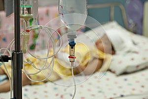 Close up saline IV drip for patient and Infusion pump in hospital