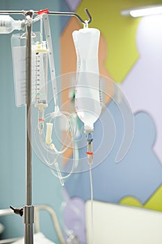 Close up saline IV drip for patient and Infusion pump in hospital