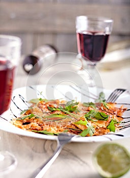 Close up of salmon carpaccio