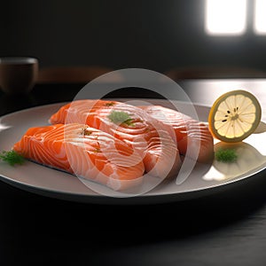 Close up salmon in the plate.Slices of Raw Salmon Fillet on Black Plate Background.