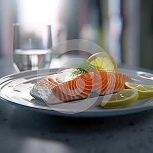 Close up salmon in the plate.Slices of Raw Salmon Fillet on Black Plate Background.