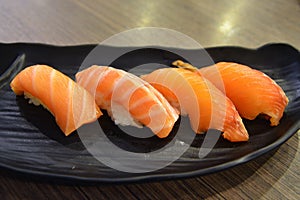 Close up salmon sushi set with selective focus