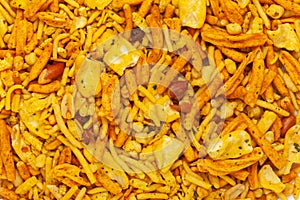 Close-up of salted Gujrati Mix  Indian namkeen snacks  Full-Frame Background.