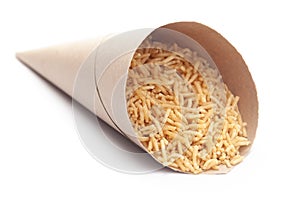 Close-Up of Salty plane Bhujia In handmade  handcraft  brown paper cone bag, made with Chickpeas or gram flour Besan. Indian