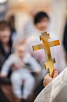 Close up of the Sanctification Cross for the baptism ceremony at the Orthodox Church