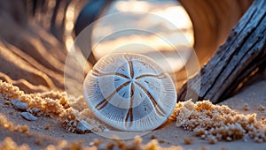 Sand Dollar on Beach at Sunset, Golden Hour Seashell