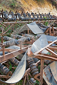 Close-up of sand mining equipment by the river beach